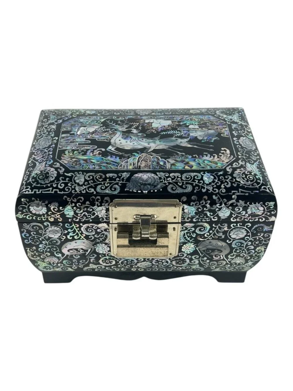 Vintage Abalone Inlay Jewelry Box, Deer Motif Keepsake Chest, Wedding Gift Decor